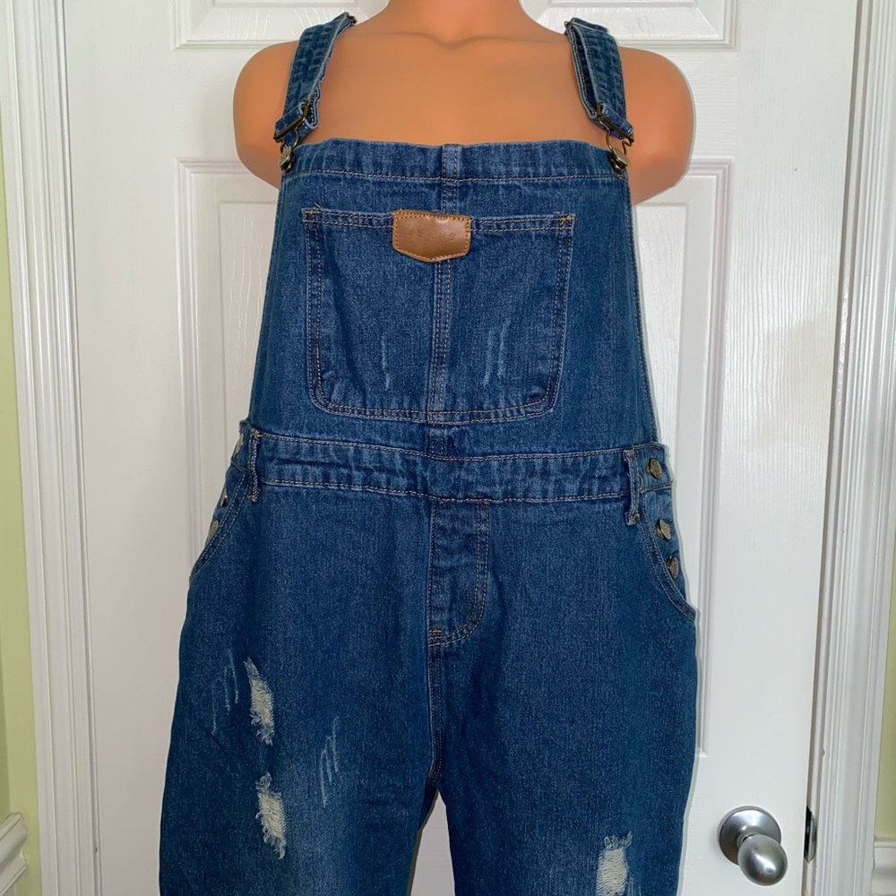 BASE GIRL NEW JENS Blue Distressed Overalls XL - Picture 6 of 14